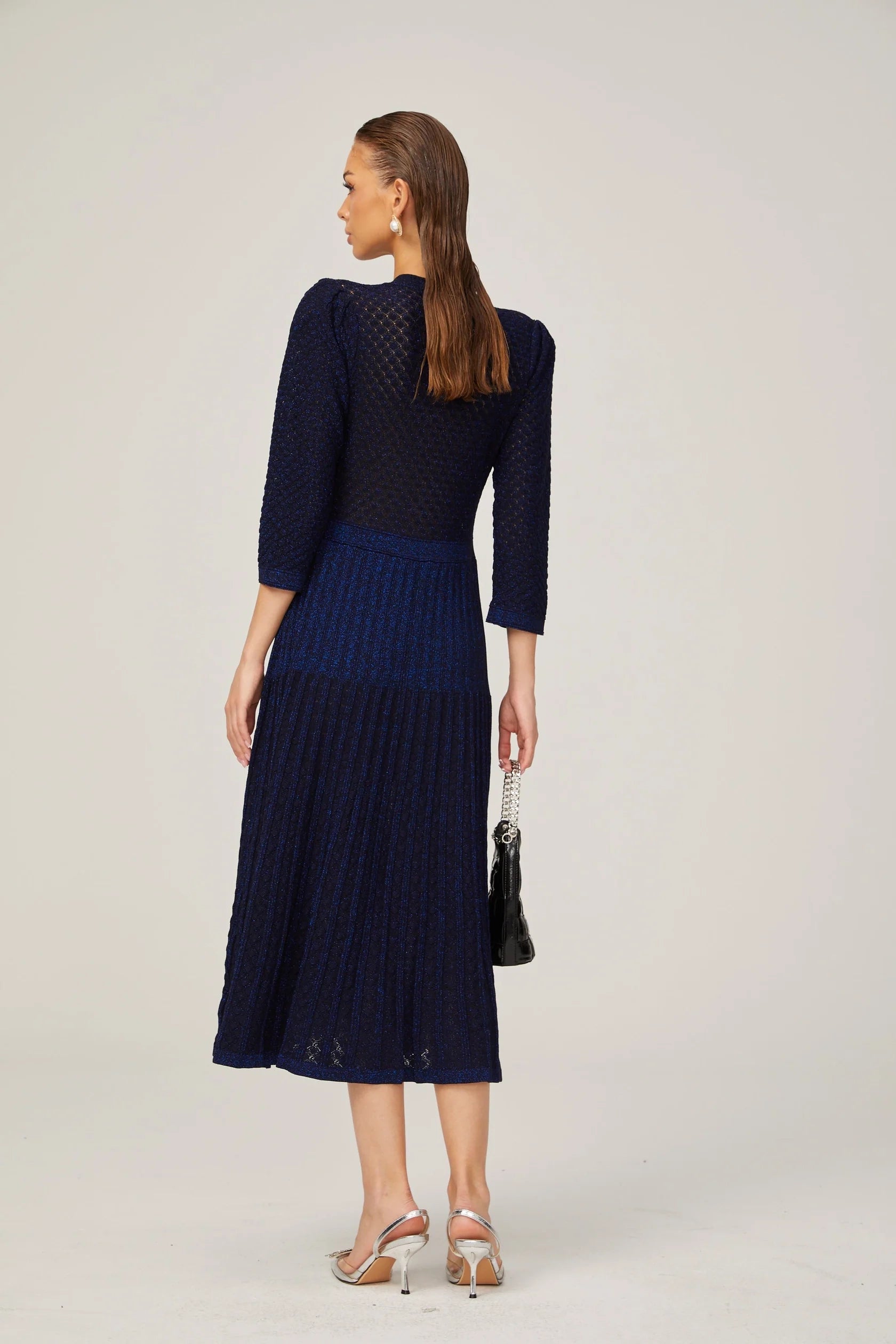 Navy Blue Button - Front Midi Dress with Textured Detail knitted long-sleeve midi dress in Blue Evening Dress