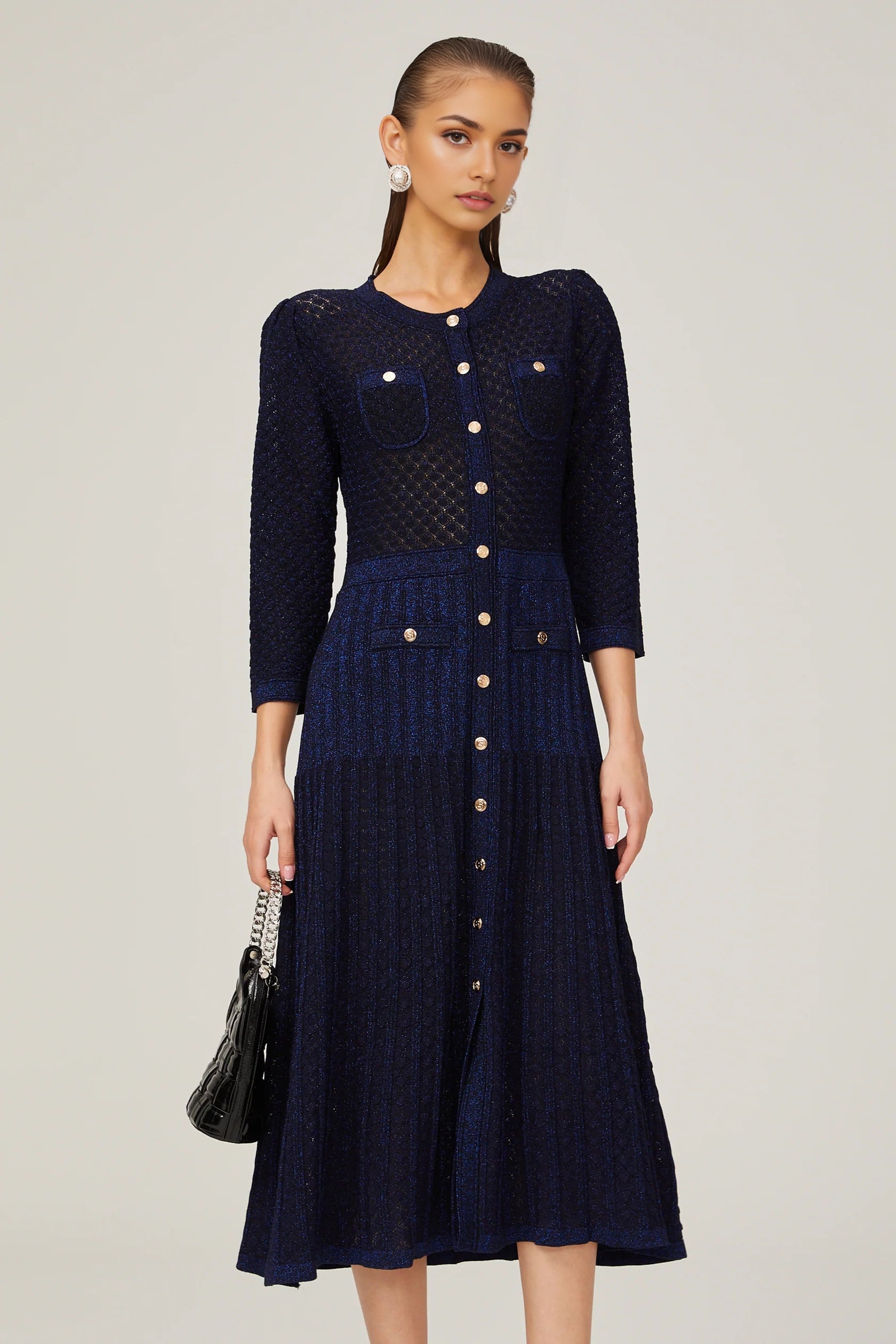 Navy Blue Button - Front Midi Dress with Textured Detail knitted long-sleeve midi dress in Blue Evening Dress