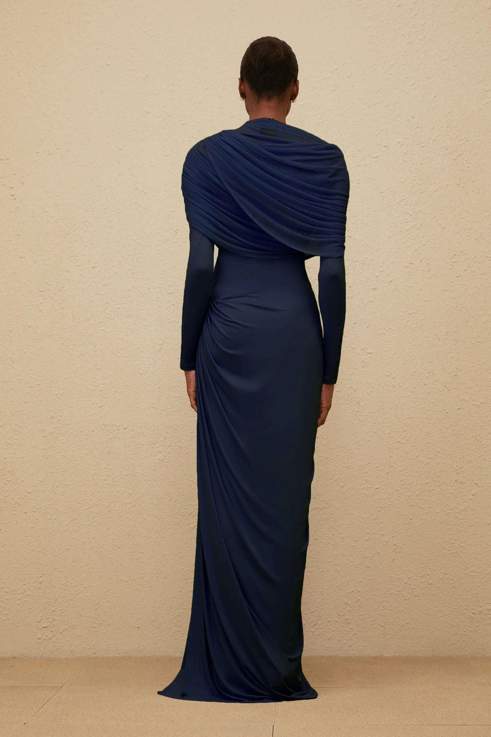 Navy Blue Draped Long Sleeve Maxi Dress Catherine Navy-Blue Asymmetrical Pleated Long-Sleeve Maxi Dress Evening Dress