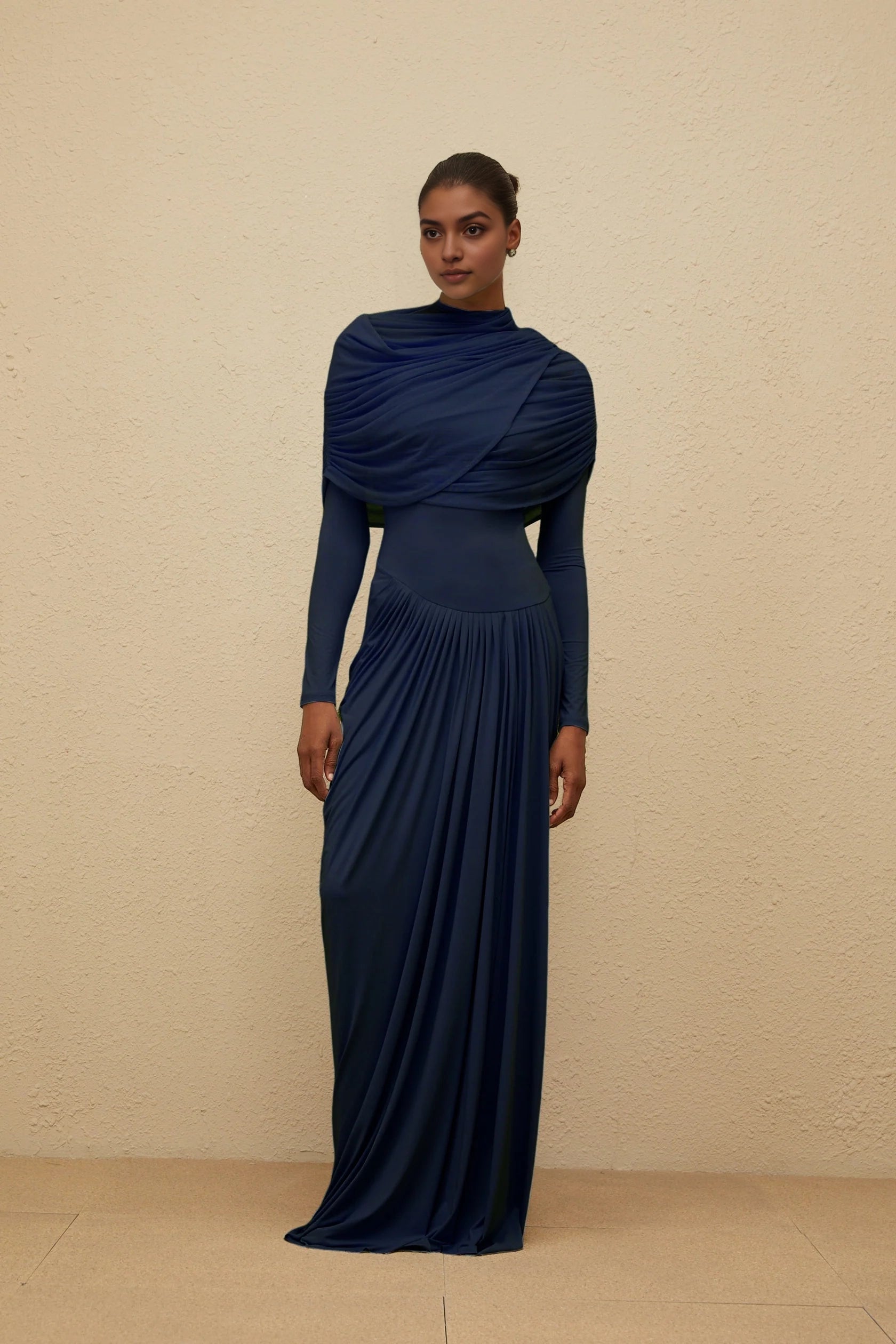 Navy Blue Draped Long Sleeve Maxi Dress Catherine Navy-Blue Asymmetrical Pleated Long-Sleeve Maxi Dress Evening Dress