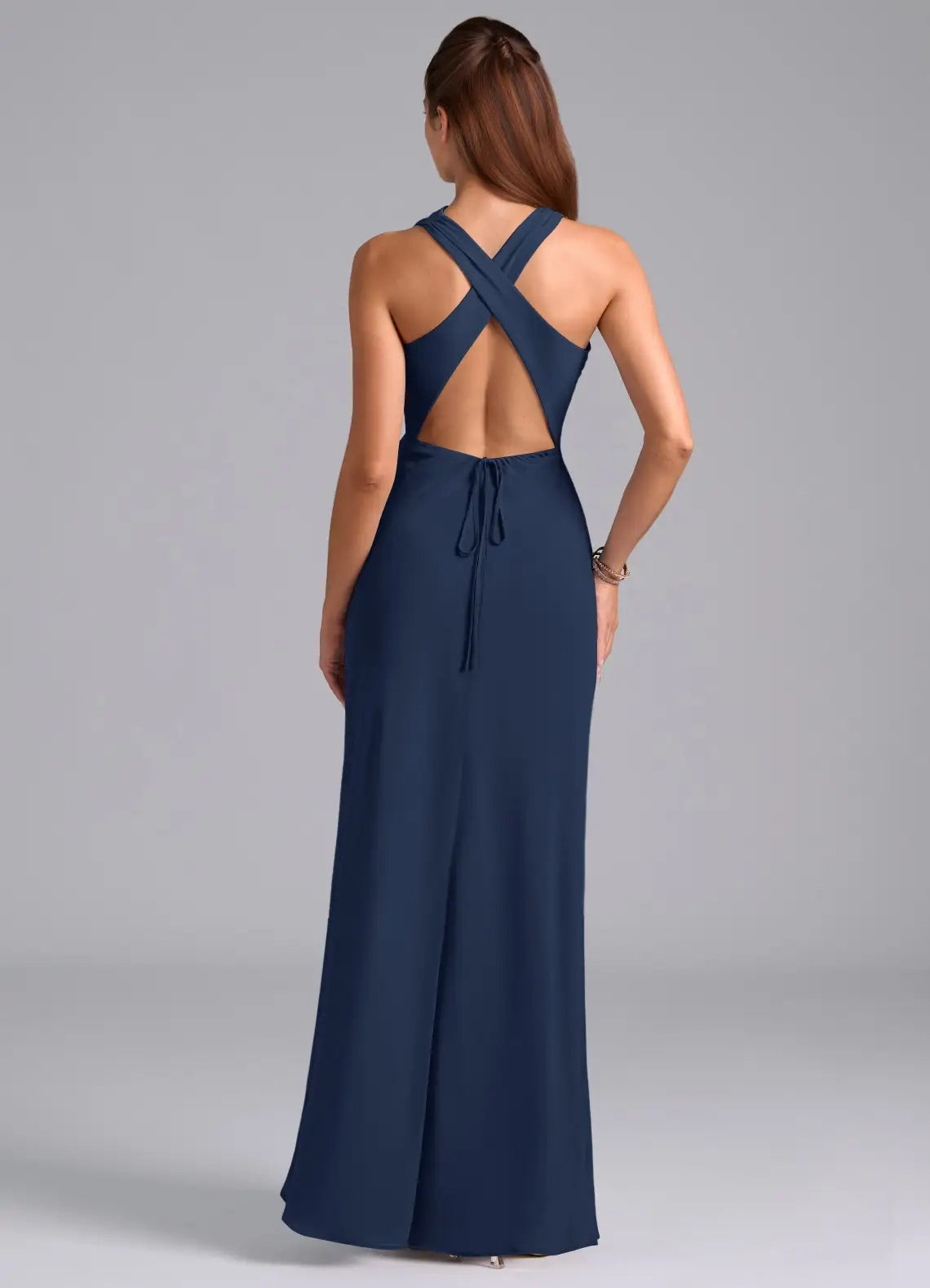 Navy Blue High Neck Crisscross Back Evening Gown A-Line Pleated Chiffon Dress Bridesmaid Dresses