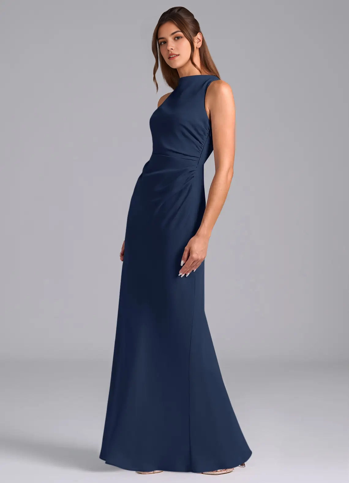 Navy Blue High Neck Crisscross Back Evening Gown A-Line Pleated Chiffon Dress Bridesmaid Dresses
