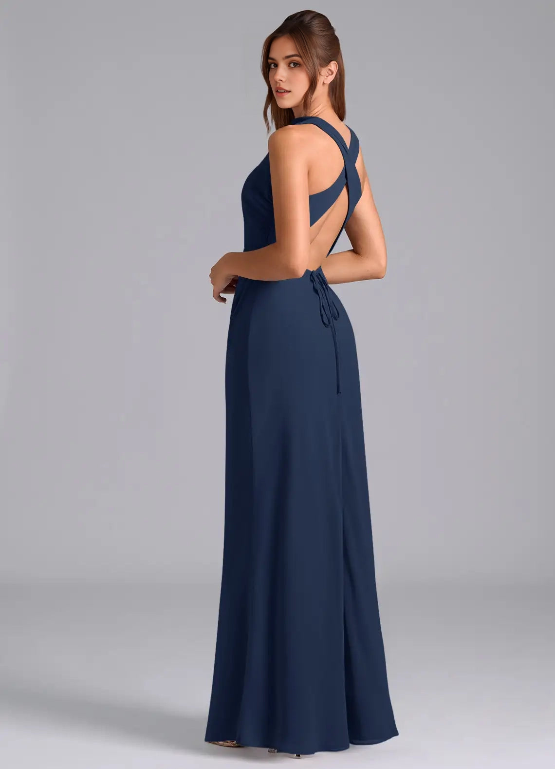 Navy Blue High Neck Crisscross Back Evening Gown A-Line Pleated Chiffon Dress Bridesmaid Dresses