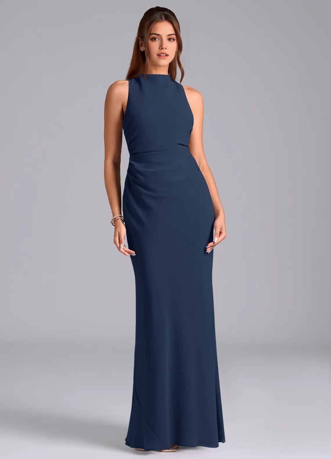 Navy Blue High Neck Crisscross Back Evening Gown A-Line Pleated Chiffon Dress Bridesmaid Dresses