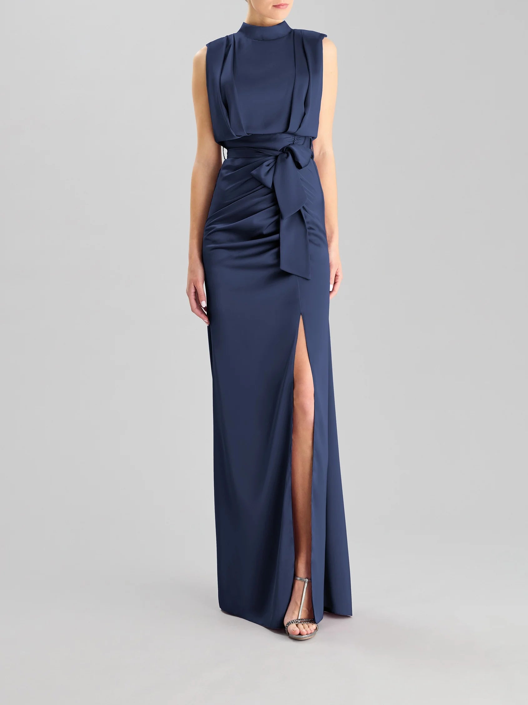 Navy Blue High Neck Maxi Dress with Belted Slit High-neck sheath party dress Bridesmaid Dresses