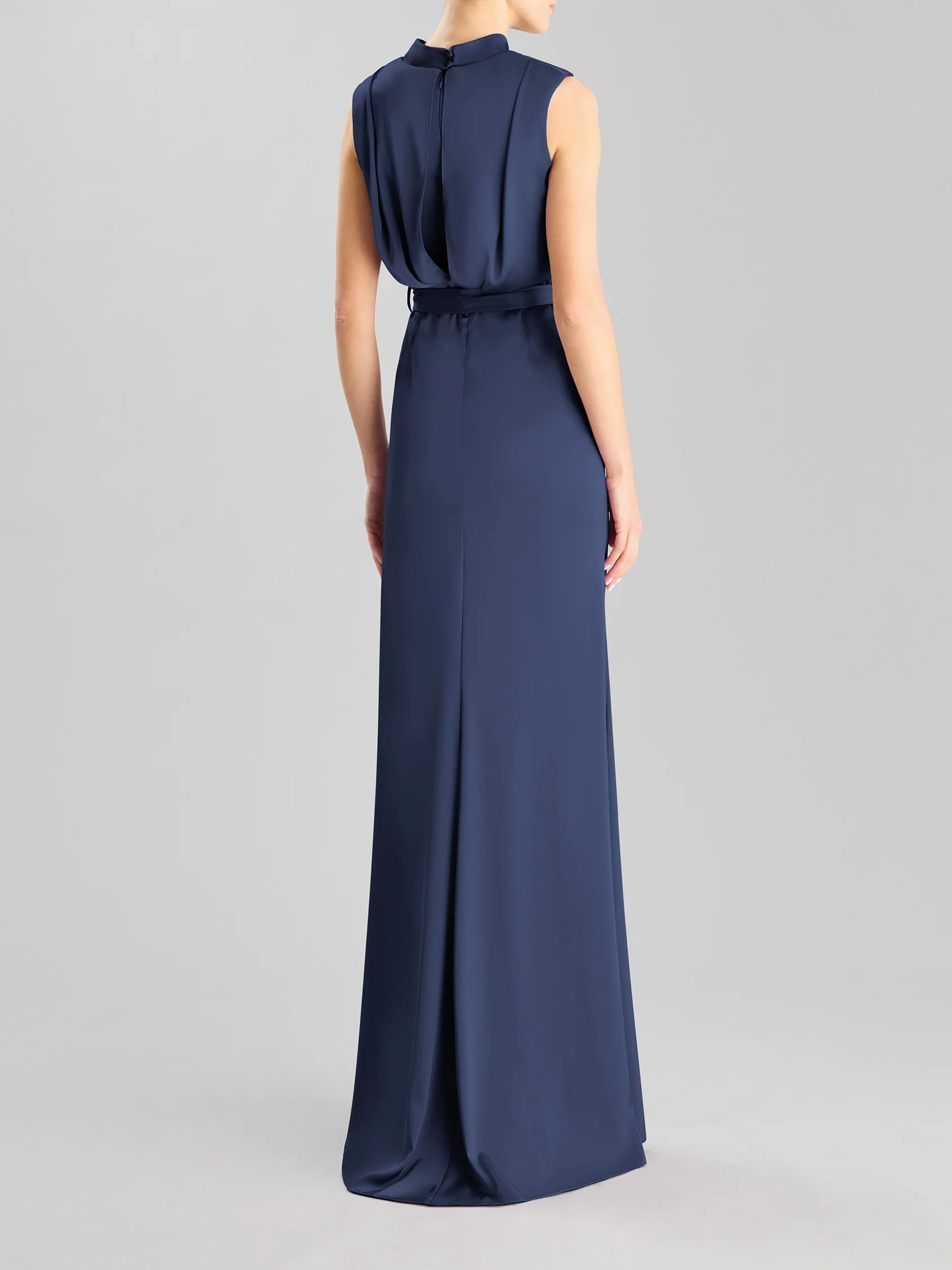Navy Blue High Neck Maxi Dress with Belted Slit High-neck sheath party dress Bridesmaid Dresses