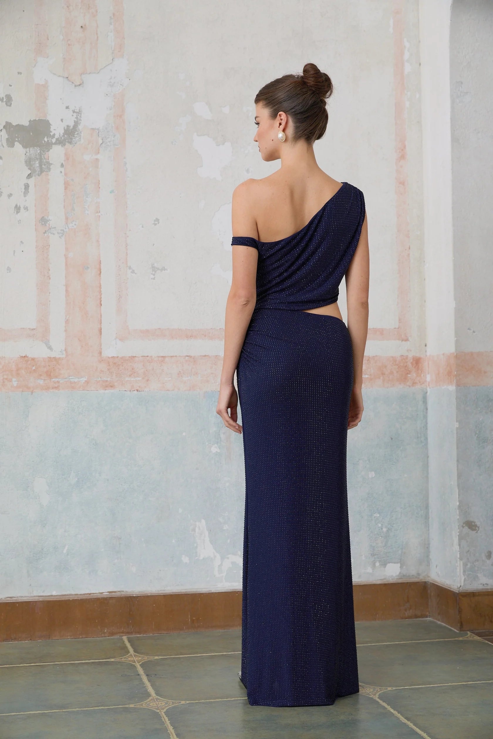 Navy Blue One - Shoulder Cutout Maxi Dress blue cut-out rhinestone maxi dress Evening Dress