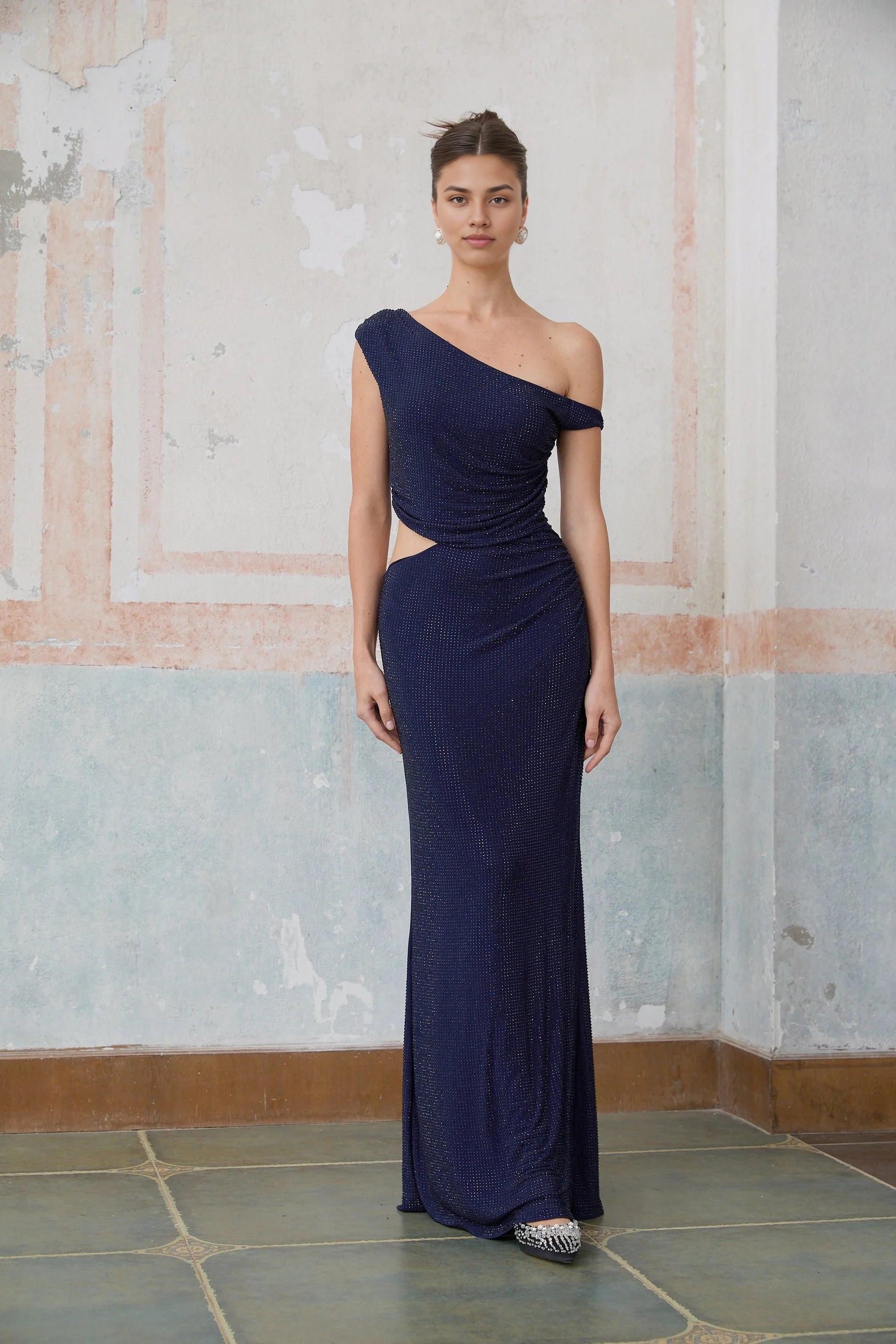 Navy Blue One - Shoulder Cutout Maxi Dress blue cut-out rhinestone maxi dress Evening Dress