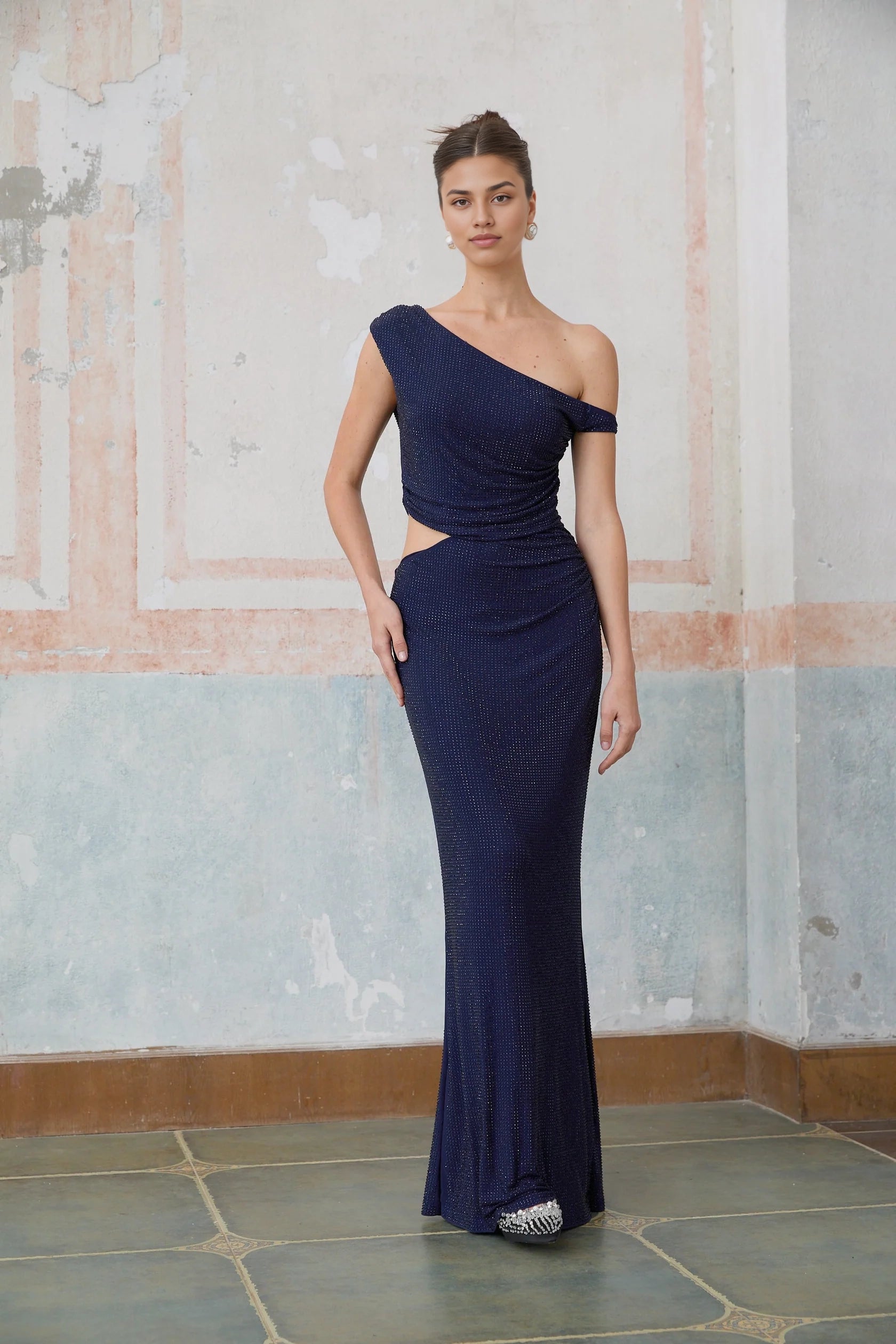 Navy Blue One - Shoulder Cutout Maxi Dress blue cut-out rhinestone maxi dress Evening Dress