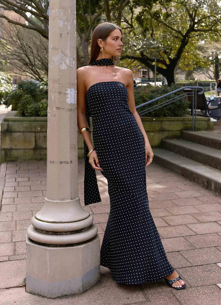 Navy Blue Polka Dot Strapless Maxi Dress with Neck Tie Silicone taping on neckline  Bridesmaid Dresses