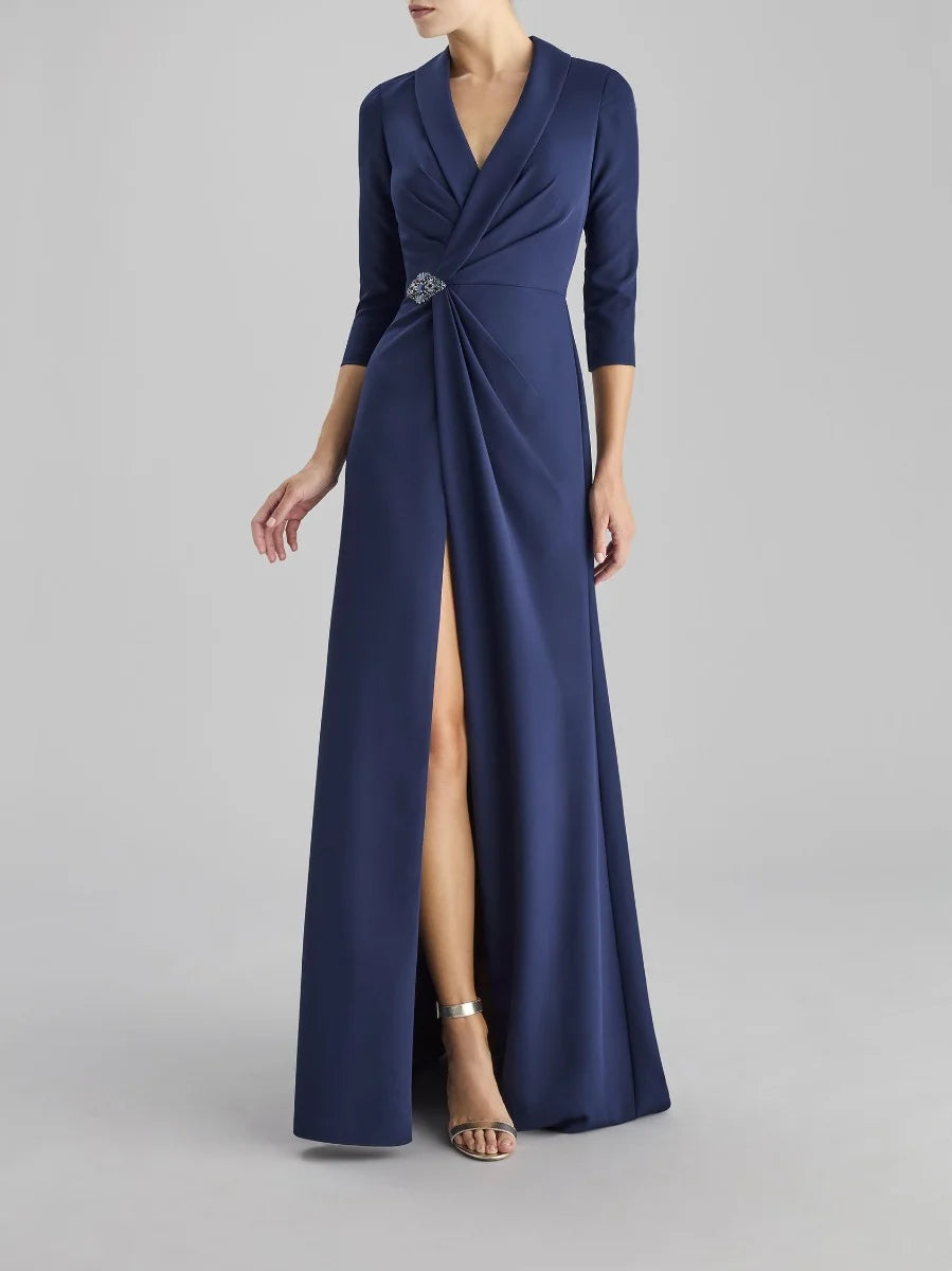 Navy Blue Ruched Maxi Dress with Side Slit and Brooch A-line crepe party dress with three-quarter sleeves Mother of the Bride Dresses