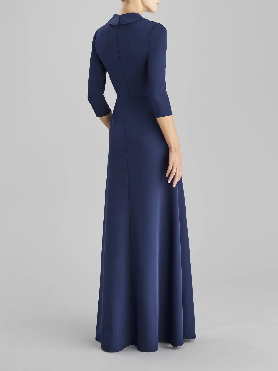 Navy Blue Ruched Maxi Dress with Side Slit and Brooch A-line crepe party dress with three-quarter sleeves Mother of the Bride Dresses