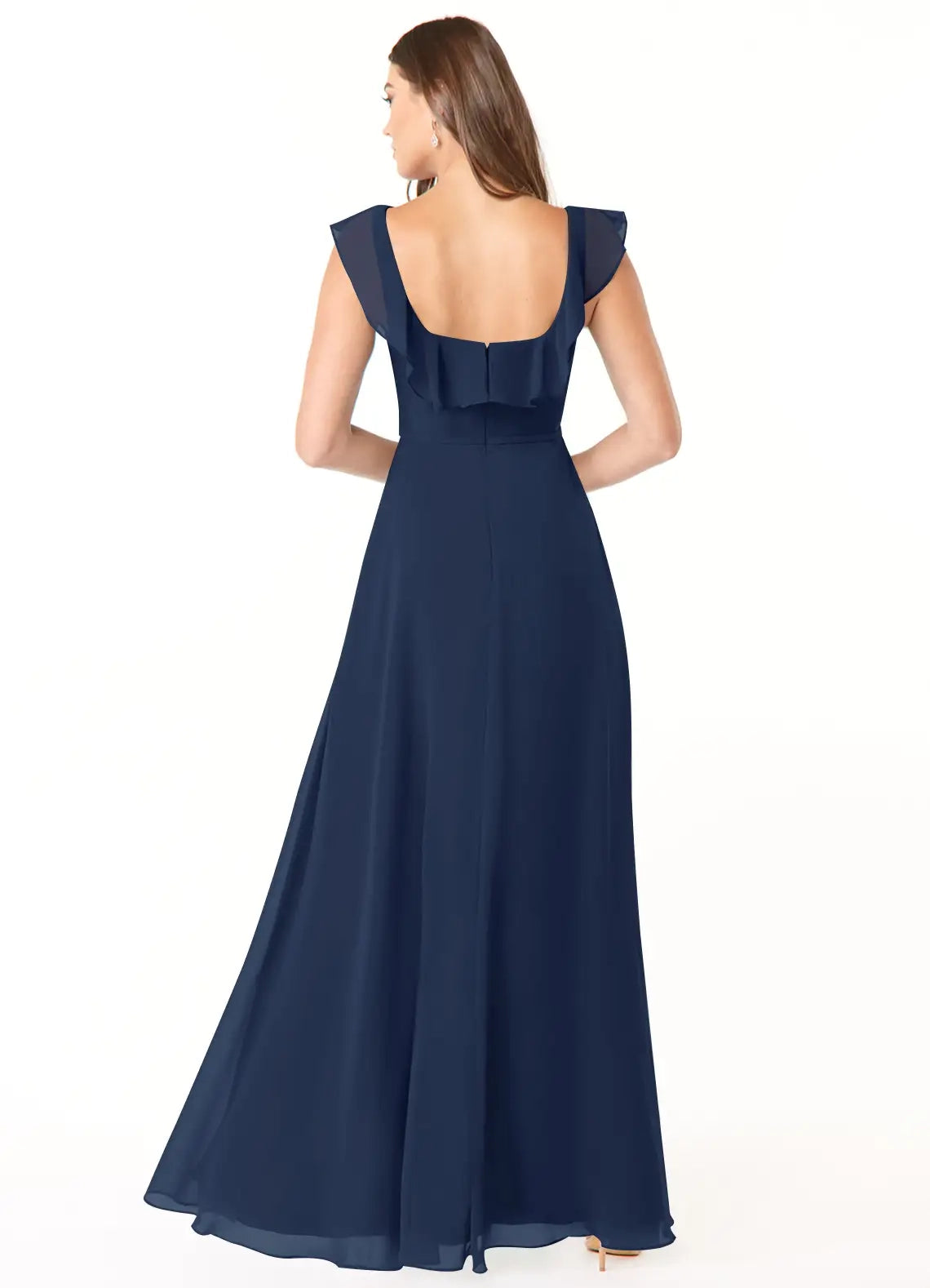 Navy Blue Ruffled Square Neck Maxi Dress with Side Slit Dark Navy A-Line Square Neckline  Chiffon Dress Bridesmaid Dresses