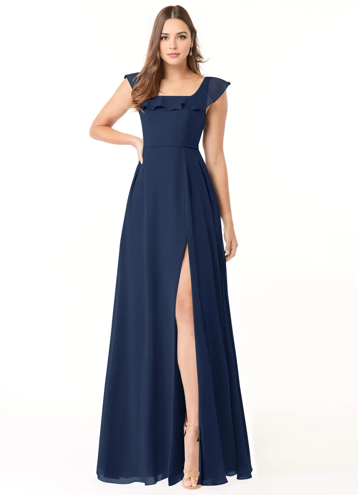 Navy Blue Ruffled Square Neck Maxi Dress with Side Slit Dark Navy A-Line Square Neckline  Chiffon Dress Bridesmaid Dresses