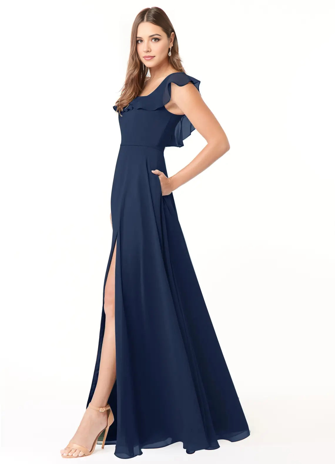 Navy Blue Ruffled Square Neck Maxi Dress with Side Slit Dark Navy A-Line Square Neckline  Chiffon Dress Bridesmaid Dresses
