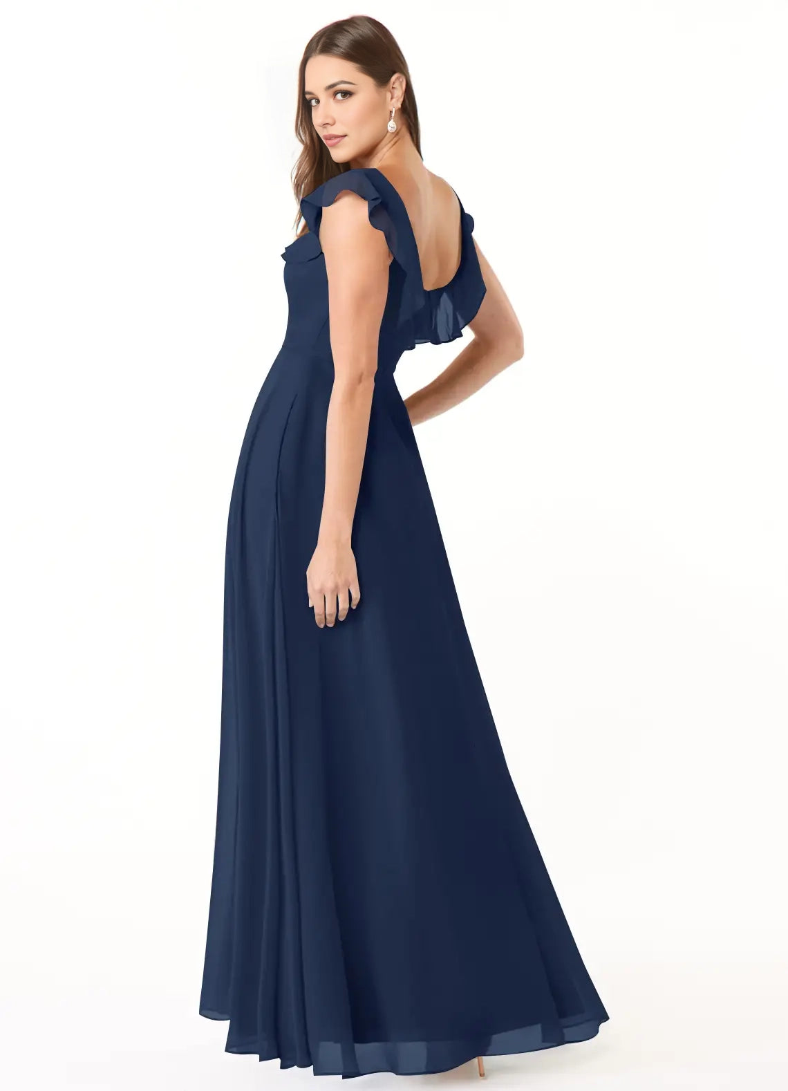 Navy Blue Ruffled Square Neck Maxi Dress with Side Slit Dark Navy A-Line Square Neckline  Chiffon Dress Bridesmaid Dresses