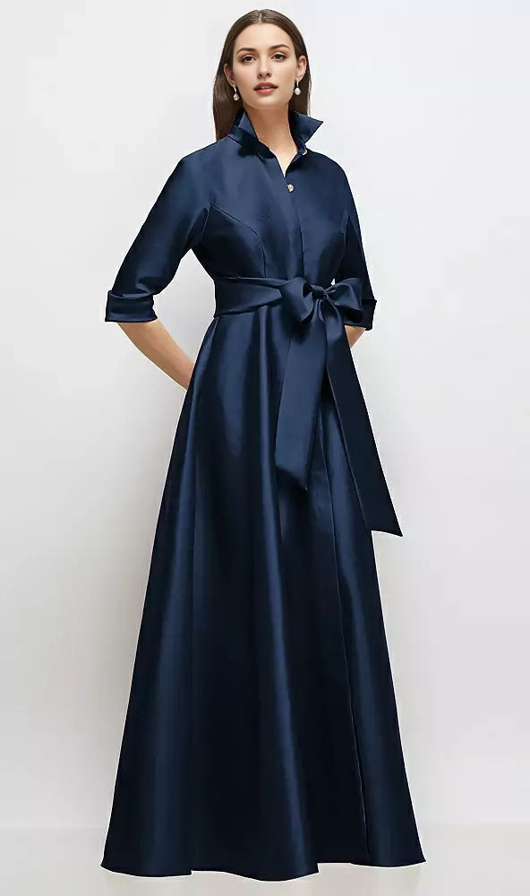 Navy Blue Satin Shirt Maxi Dress with Tie Belt Long Satin Twill Shirt Dress Mother of the Bride Dresses