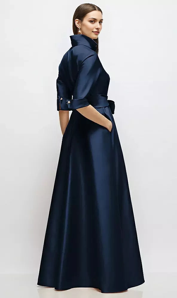 Navy Blue Satin Shirt Maxi Dress with Tie Belt Long Satin Twill Shirt Dress Mother of the Bride Dresses