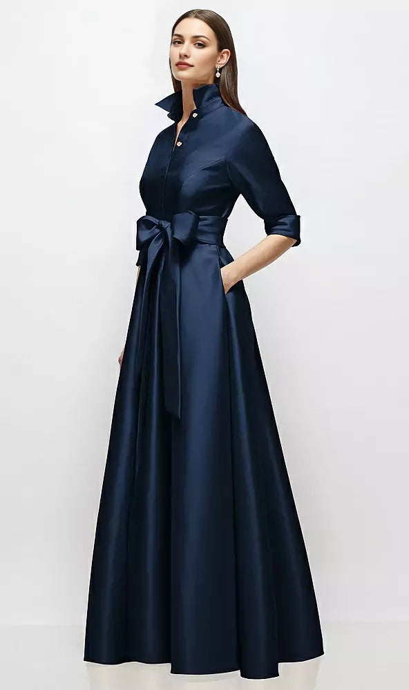 Navy Blue Satin Shirt Maxi Dress with Tie Belt Long Satin Twill Shirt Dress Mother of the Bride Dresses