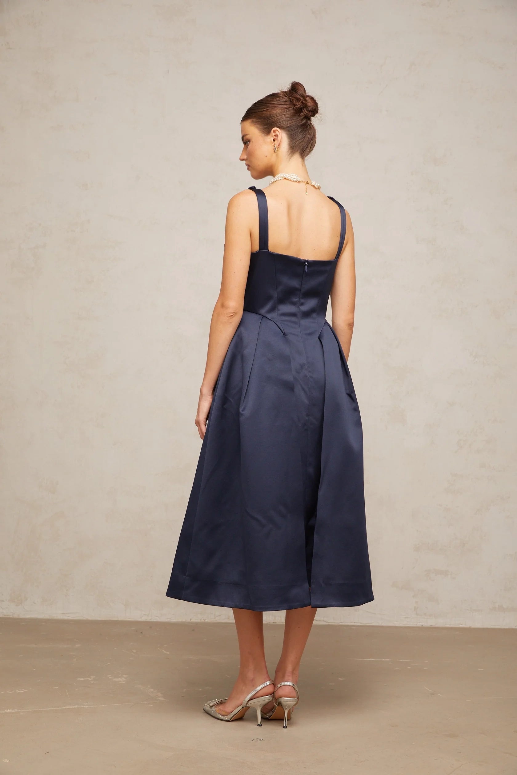 Navy Blue Satin V - Neck Midi Dress blue twist-detail satin midi dress Evening Dress