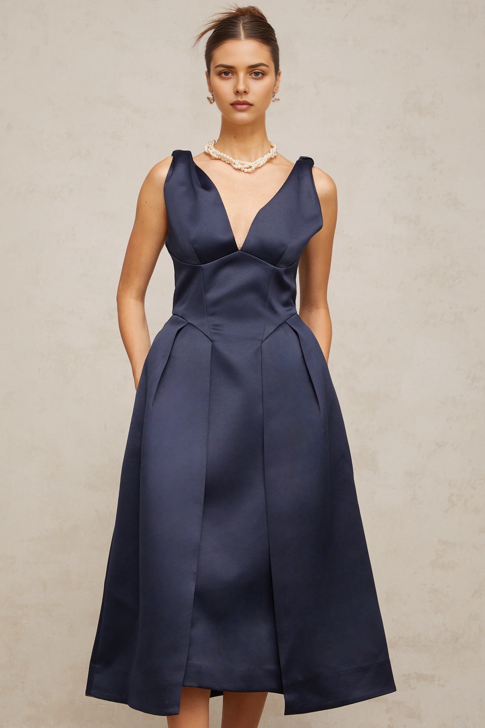 Navy Blue Satin V - Neck Midi Dress blue twist-detail satin midi dress Evening Dress
