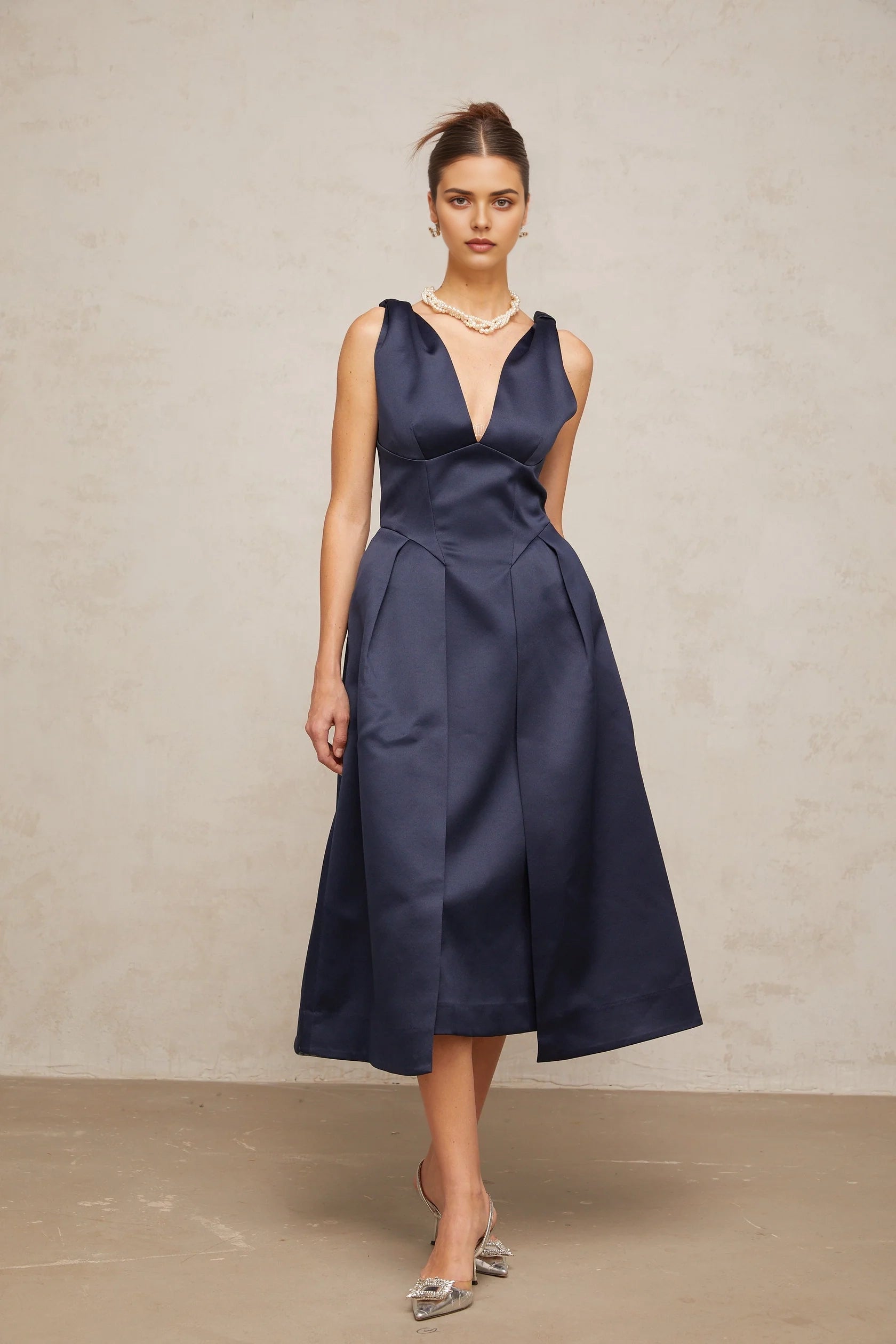 Navy Blue Satin V - Neck Midi Dress blue twist-detail satin midi dress Evening Dress