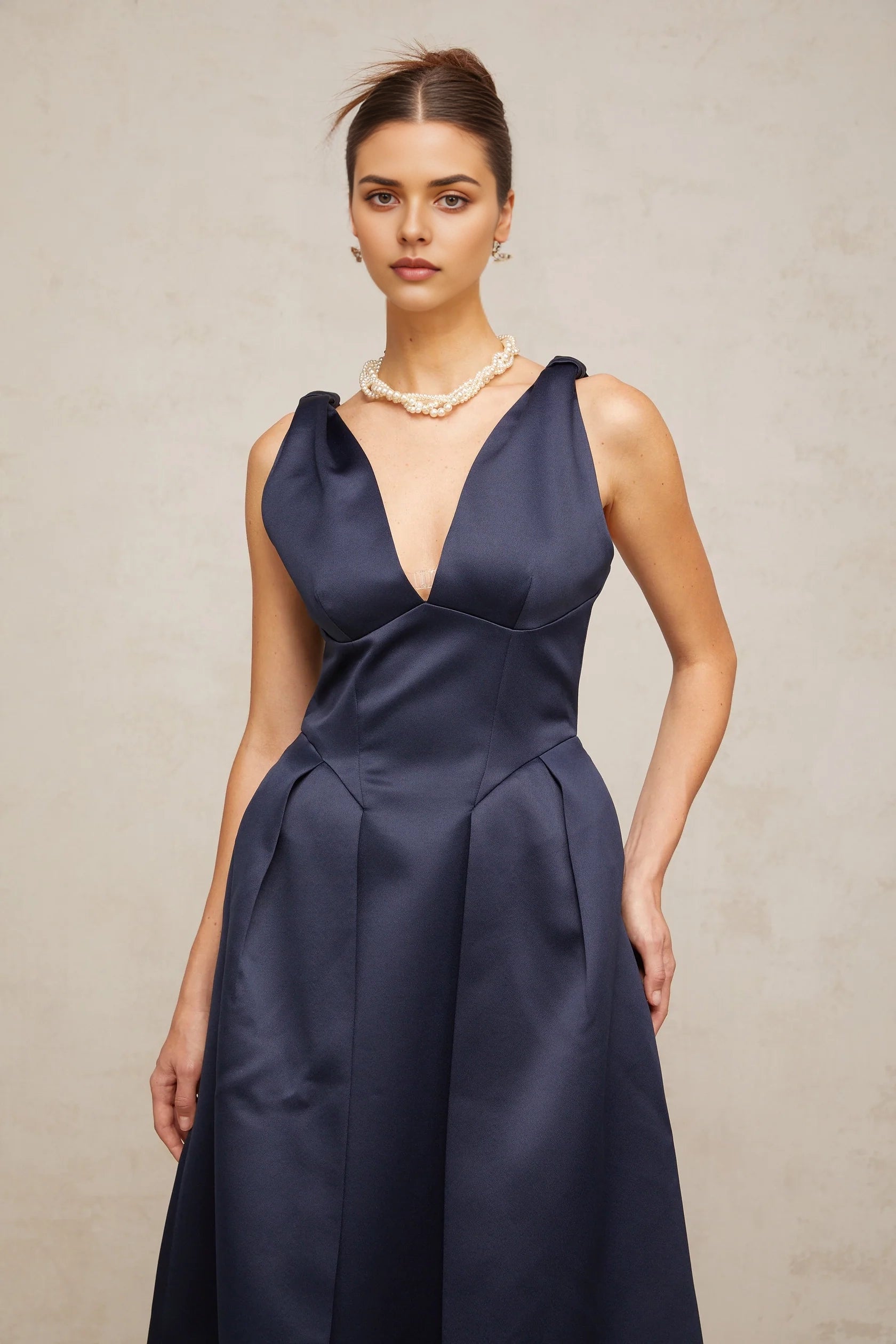 Navy Blue Satin V - Neck Midi Dress blue twist-detail satin midi dress Evening Dress