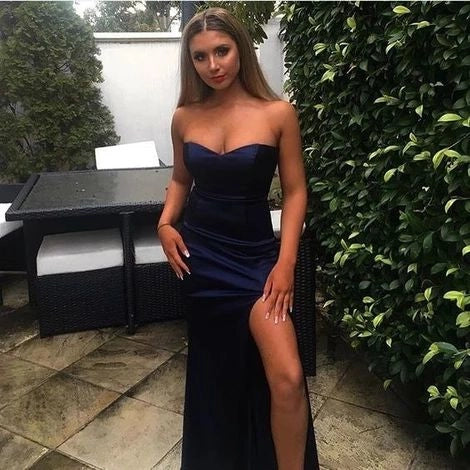 Navy Blue Strapless Satin Maxi Dress with High Slit Charming Prom Dress, Sleeveless Prom Dress, Sexy Split Side Prom Dress  Party Dresses