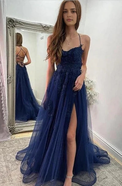 Navy Blue Halter Front Slit Spaghetti Straps A-Line Tulle Prom Gown Simple gentle atmospheric and unique design