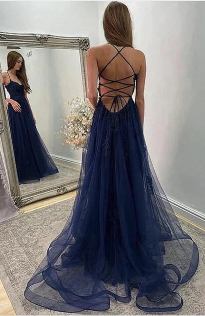 Navy Blue Halter Front Slit Spaghetti Straps A-Line Tulle Prom Gown Simple gentle atmospheric and unique design