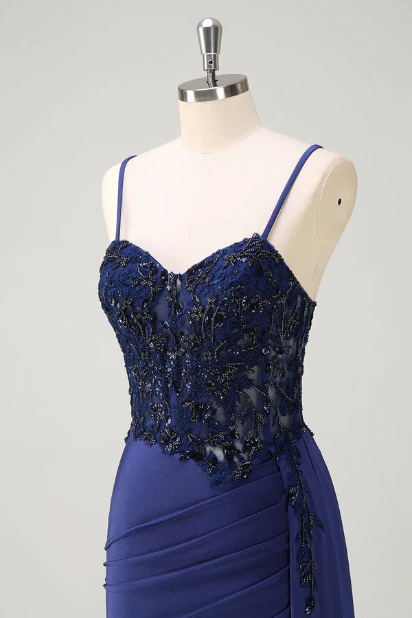 Navy Blue Mermaid Spaghetti Straps Ruched Streamer Long Prom Dress with Lace simple gentle atmospheric and unique desi