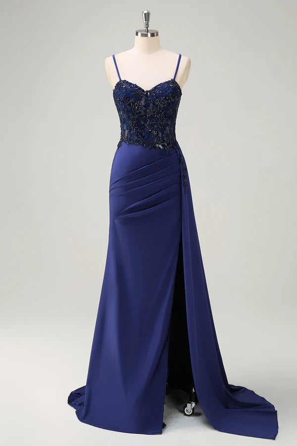 Navy Blue Mermaid Spaghetti Straps Ruched Streamer Long Prom Dress with Lace simple gentle atmospheric and unique desi