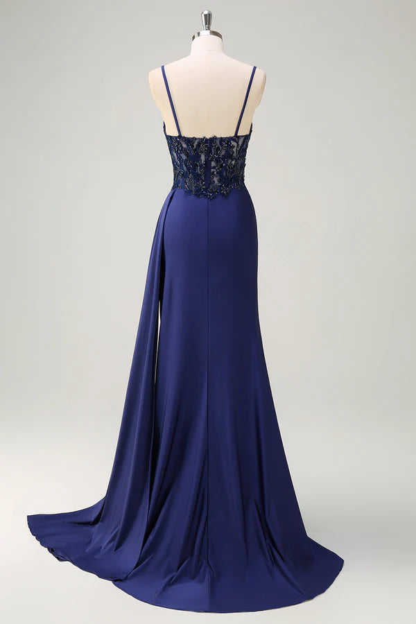 Navy Blue Mermaid Spaghetti Straps Ruched Streamer Long Prom Dress with Lace simple gentle atmospheric and unique desi