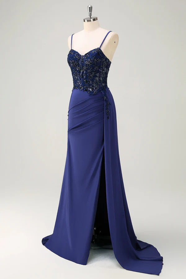 Navy Blue Mermaid Spaghetti Straps Ruched Streamer Long Prom Dress with Lace simple gentle atmospheric and unique desi