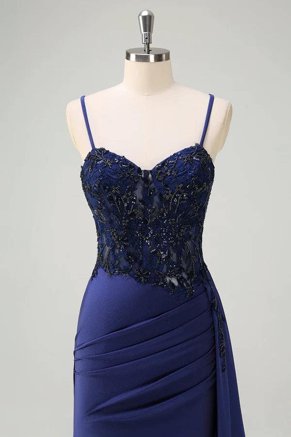 Navy Blue Mermaid Spaghetti Straps Ruched Streamer Long Prom Dress with Lace simple gentle atmospheric and unique desi