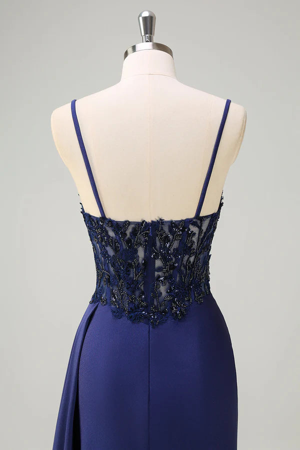 Navy Blue Mermaid Spaghetti Straps Ruched Streamer Long Prom Dress with Lace simple gentle atmospheric and unique desi