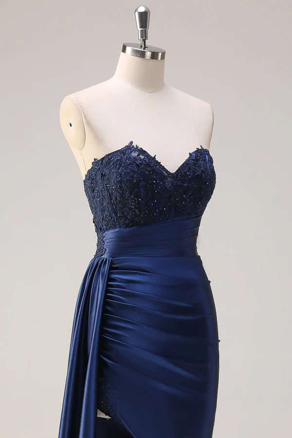 Navy Blue Mermaid Strapless Side Streamer Ruched Corset Long Prom Dress With Slit simple gentle atmospheric and unique desi