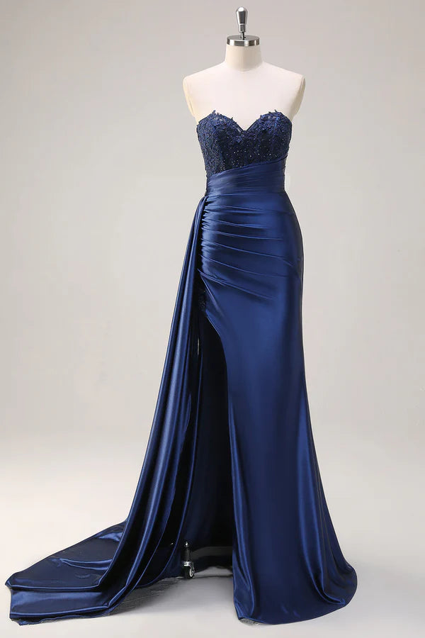 Navy Blue Mermaid Strapless Side Streamer Ruched Corset Long Prom Dress With Slit simple gentle atmospheric and unique desi