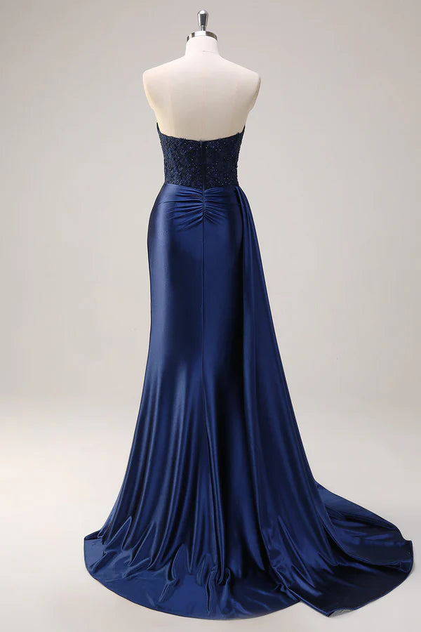 Navy Blue Mermaid Strapless Side Streamer Ruched Corset Long Prom Dress With Slit simple gentle atmospheric and unique desi