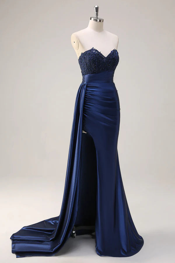Navy Blue Mermaid Strapless Side Streamer Ruched Corset Long Prom Dress With Slit simple gentle atmospheric and unique desi