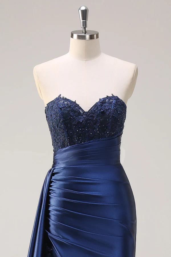 Navy Blue Mermaid Strapless Side Streamer Ruched Corset Long Prom Dress With Slit simple gentle atmospheric and unique desi