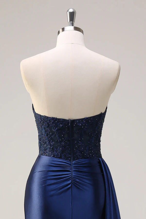 Navy Blue Mermaid Strapless Side Streamer Ruched Corset Long Prom Dress With Slit simple gentle atmospheric and unique desi