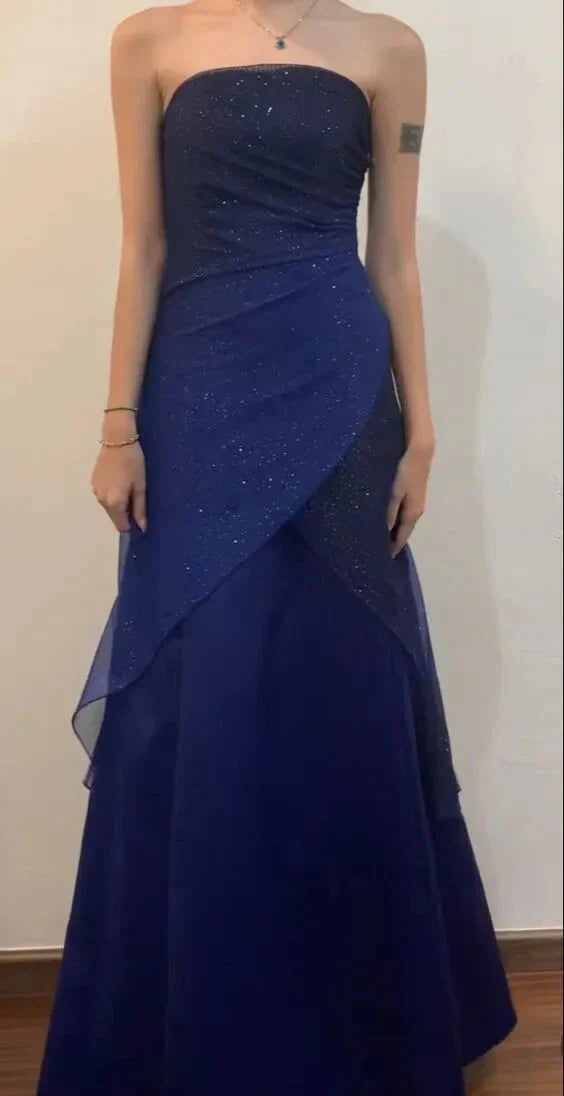 Navy Blue Sheath Prom Dress Long Strapless Party Dresses for Women simple gentle atmospheric and unique desi Bring summer colors to enhance whiteness
