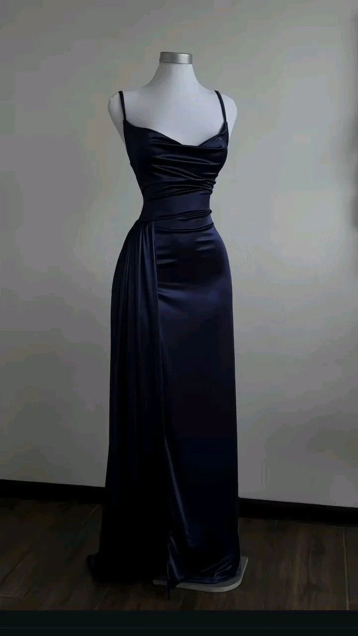 Navy Blue Sheath Satin Long Prom Dress Evening Dresses for Weddings simple gentle atmospheric and unique desi Bring summer colors to enhance whiteness