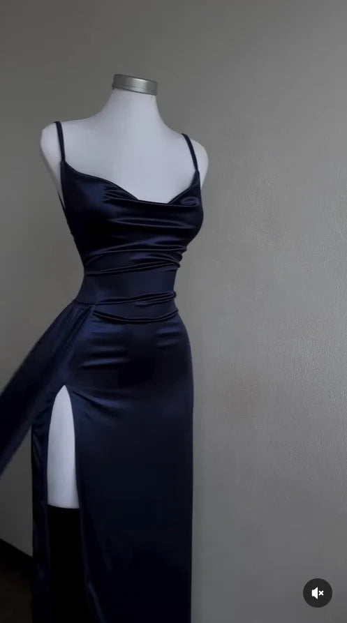 Navy Blue Sheath Satin Long Prom Dress Evening Dresses for Weddings simple gentle atmospheric and unique desi Bring summer colors to enhance whiteness