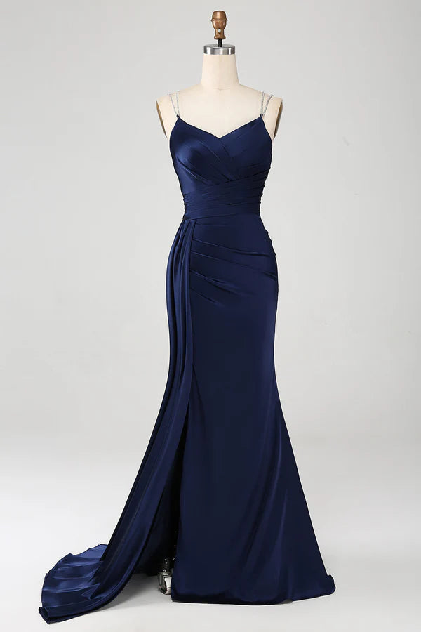 Navy Mermaid Spaghetti Straps Corset Prom Dress with Split Front