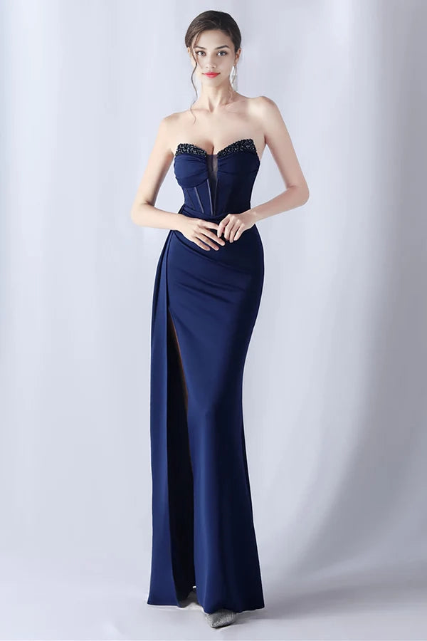 Navy Mermaid Strapless Long Corset Prom Dress with Slit simple gentle atmospheric and unique desi