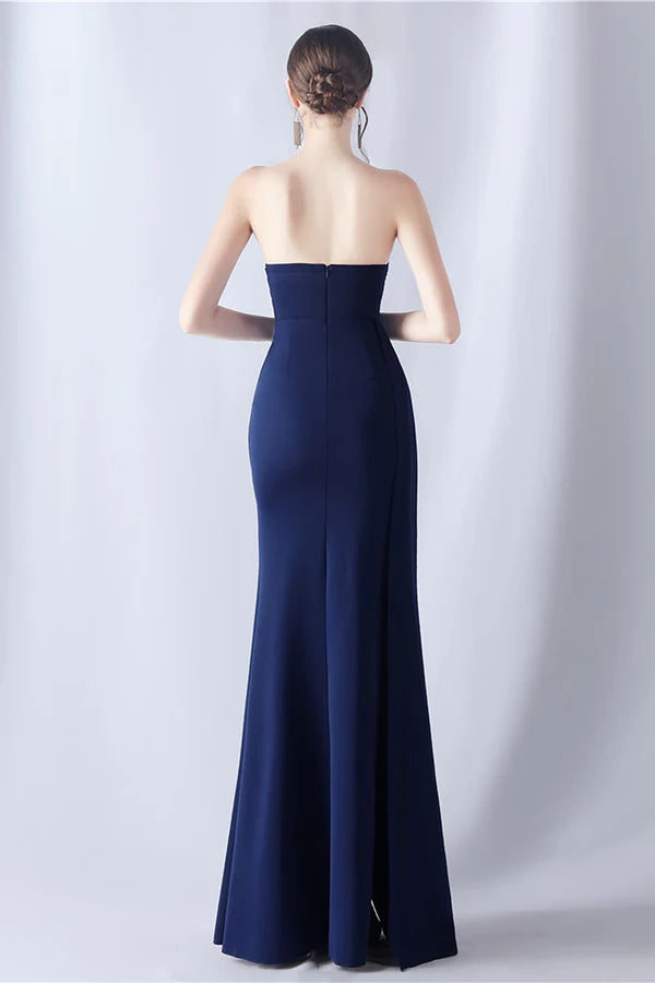 Navy Mermaid Strapless Long Corset Prom Dress with Slit simple gentle atmospheric and unique desi