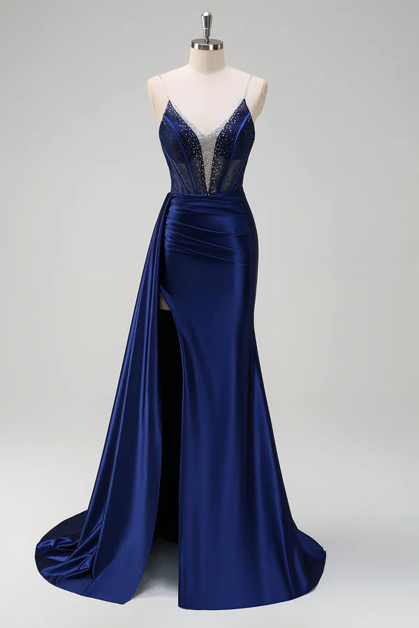 Navy Mermaid V-Neck Watteau Train Corset Beaded Prom Dress with Slit simple gentle atmospheric and unique desi