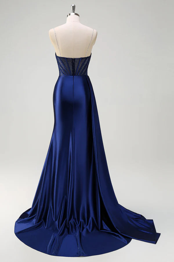 Navy Mermaid V-Neck Watteau Train Corset Beaded Prom Dress with Slit simple gentle atmospheric and unique desi